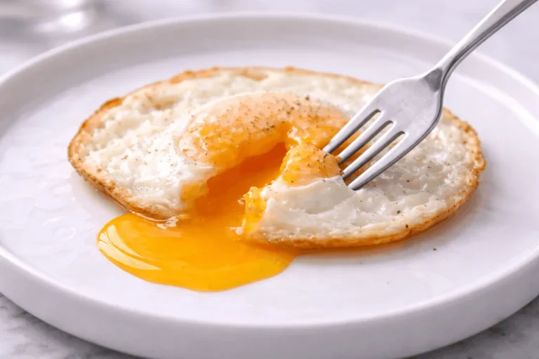 Perfect over easy eggs cut open with fork showing very runny liquid yolk flowing out on plate
