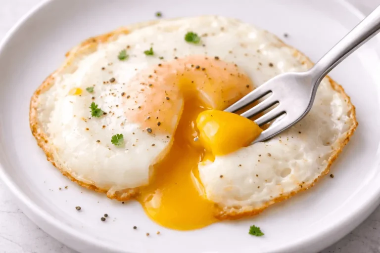 Perfect over medium egg cut open showing soft thick yolk with fully cooked white on plate