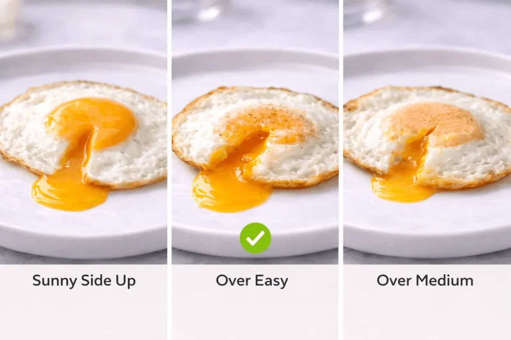 Three fried eggs comparison showing sunny side up, over easy with runny yolk, and over medium with thicker yolk