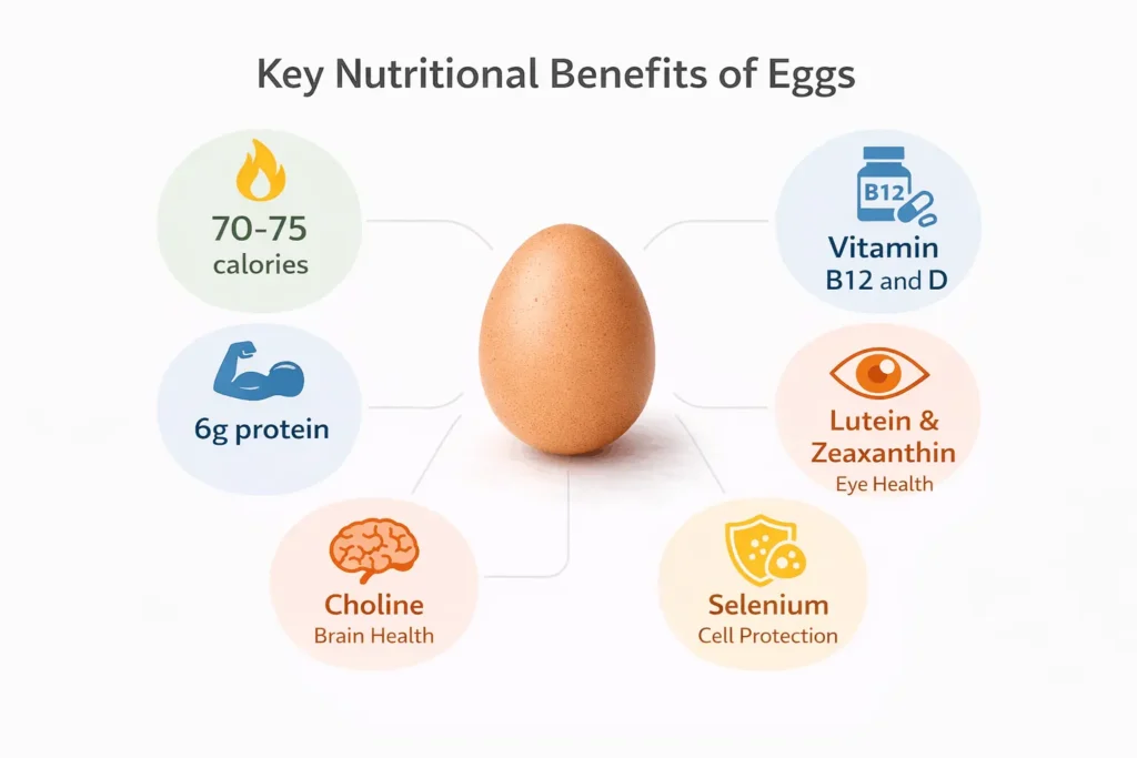 Egg nutrition benefits infographic showing protein, choline, vitamins B12 and D, lutein, zeaxanthin, and selenium