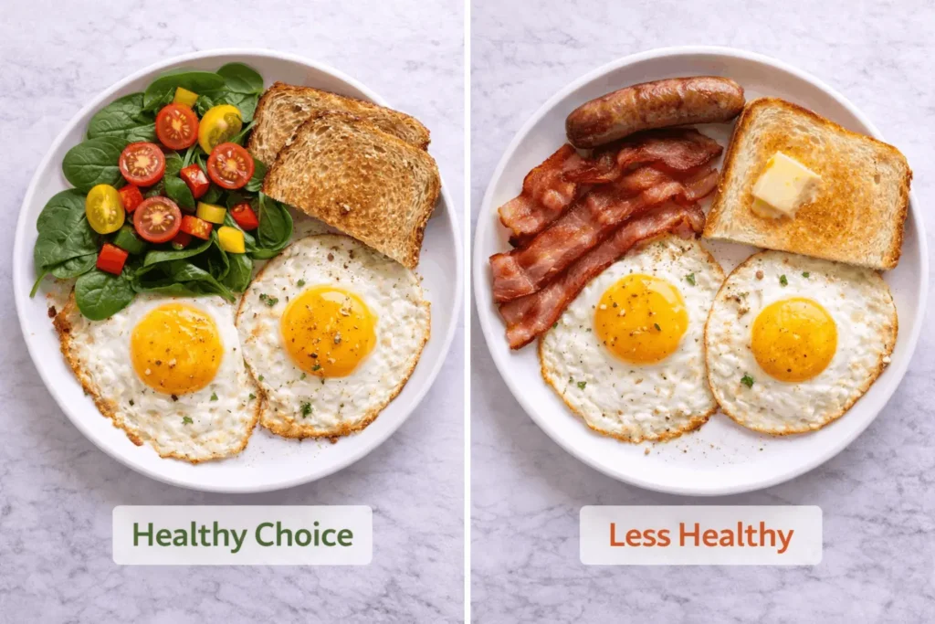 Eggs with vegetables and whole foods versus eggs with bacon and processed foods showing meal context importance