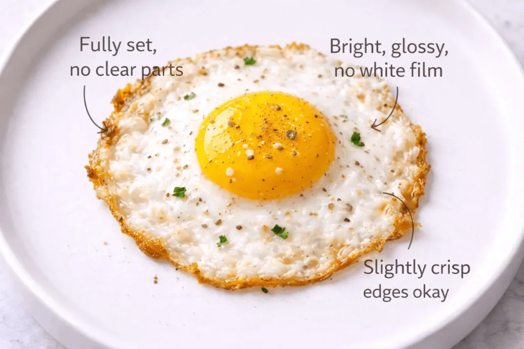 Perfect sunny side up egg with labeled features showing fully set whites, glossy yolk, and proper cooking indicators