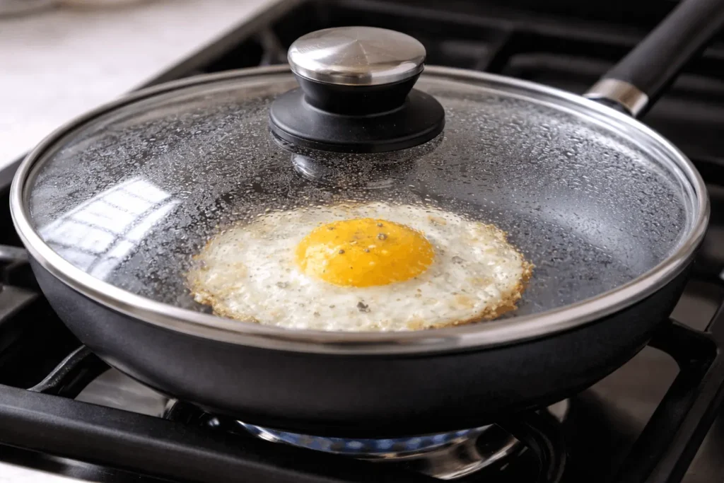 Frying pan with glass lid covering sunny side up egg showing steam cooking method without flipping