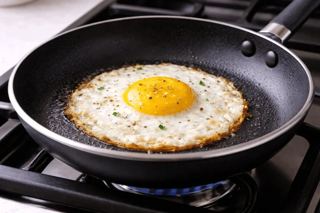 Sunny side up egg cooking in frying pan on low to medium-low heat stovetop showing gentle cooking method